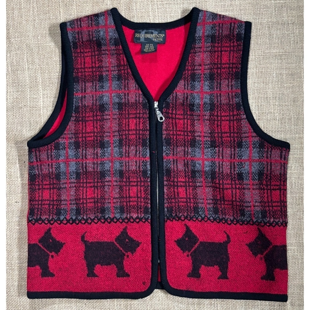 Vintage Scottie Dog Plaid Zip Up Wool Vest PS Cottage Core Twee DAMAGED READ